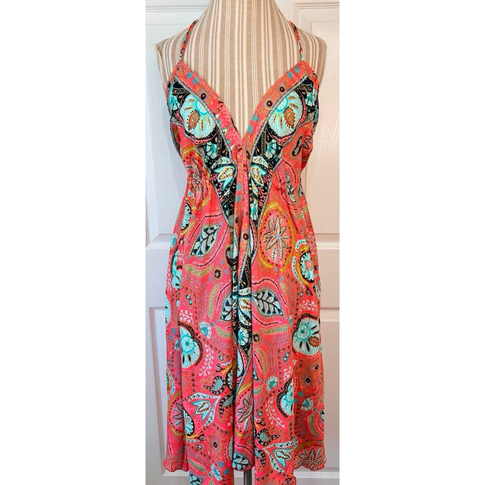 Silk Boho India Floral Gold Metallic Swimsuit Cover Up Medium - Picture 1 of 9